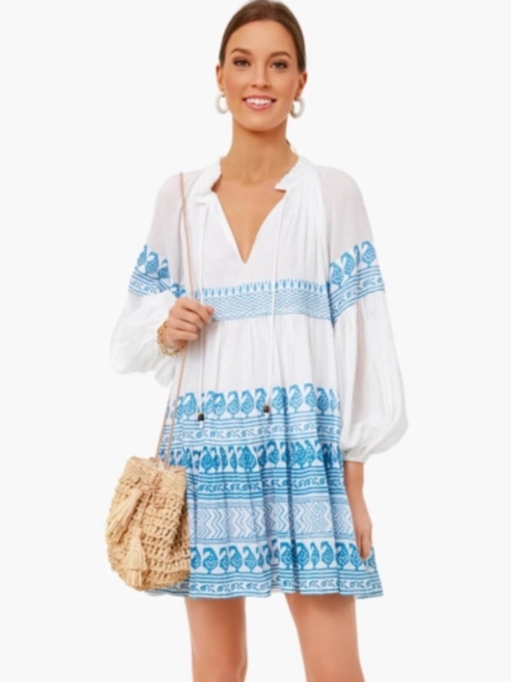 Oliphant Balloon Sleeve Short Dress in Santorini Blue Size S